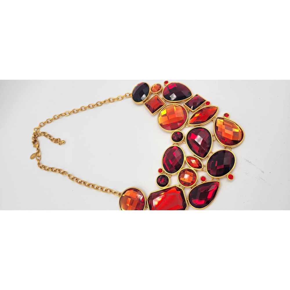 Joan Rivers Gold Tone Statement Bib Orange Red Purple Crystal Bezel Necklace Vtg